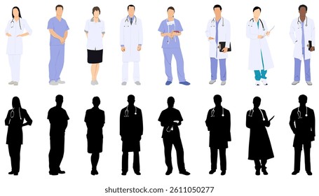 Group of hospital medical staff standing together. Male and female medicine workers - physicians, doctors, paramedics, nurses isolated on white background. Vector illustration in flat cartoon style.