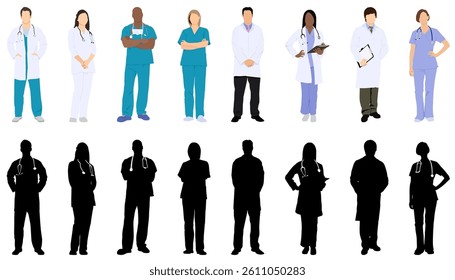 Group of hospital medical staff standing together. Male and female medicine workers - physicians, doctors, paramedics, nurses isolated on white background. Vector illustration in flat cartoon style.