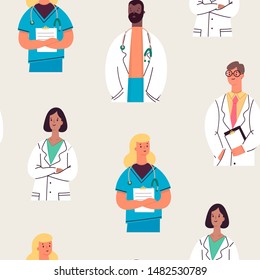 Group of hospital medical staff. Various male and female medicine workers. Doctor, surgeon, physician, paramedic, nurse. Colored vector characters. Cartoon style. Flat design. Seamless pattern