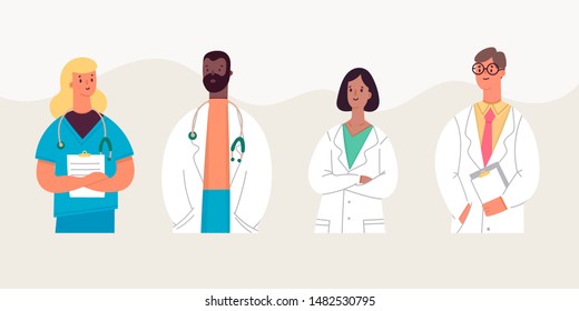 Group of hospital medical staff. Various male and female medicine workers. Doctor, surgeon, physician, paramedic, nurse. Colored vector characters. Cartoon style. Flat design. Avatars