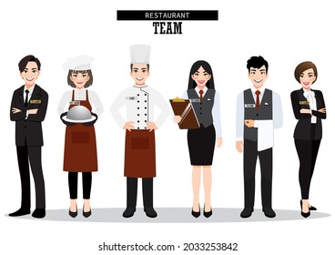 El equipo de restauración del hotel. Personajes del servicio de restauración unidos en uniforme. Banner del sitio web del personal del servicio de comida.