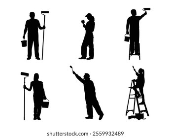 Group of House Painter Silhouette isolated white background. Vector Illustration