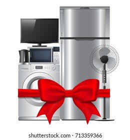 Group of household appliances with red gift ribbon and bow. Isolated on white background. Applicable for sale of electronics. Vector eps 10.