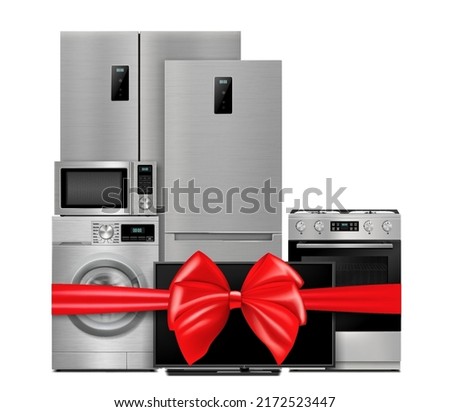 Group of household appliances with red gift ribbon and bow. Refrigerator, microwave, TV, washing machine, gas stove isolated on white background. 3d Rendering. Realistic vector illustration