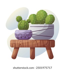 Group of houseplants. Green cactus in gray and purple pot. Perfect for home decor, botanical and gardening designs. Home gardening, potted plants concept. Vector illustration.