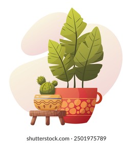 Group of houseplants. Green leafy plant in red pot and cactus in yellow pot. Perfect for home decor, botanical and gardening designs. Home gardening, potted plants concept. Vector illustration.