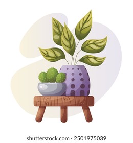 Group of houseplants. Leafy plant in a purple pot and cactus in a gray pot. Perfect for home decor, botanical and gardening designs. Home gardening, potted plants concept. Vector illustration.