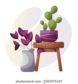 Group of houseplants. Purple leafy plant in gray pot and cactus in purple pot. Perfect for home decor, botanical and gardening designs. Home gardening, potted plants concept. Vector illustration.