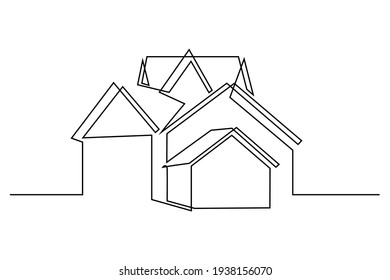 Group of houses in continuous line art drawing style. Abstract settlement, residential buildings black linear sketch isolated on white background. Vector illustration