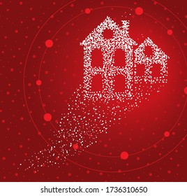 Group of houses formed by a magical trail of flying points on red background