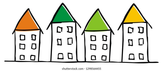 Group of houses, funny vector illustration, sketch. Multicolored roofs on different houses. City made up of houses with colorful roofs.