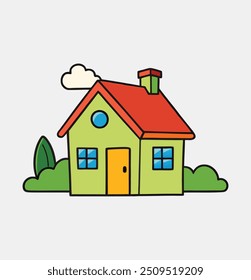 Group of houses. Landscape with houses and bushes and trees. Sun on the sky. Vector illustration.