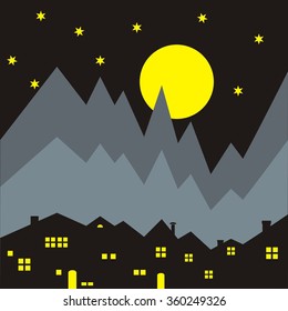 group of houses and moon, night scene, city under mountains