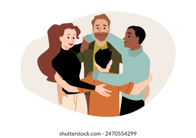 Ilustración plana de Vector de abrazo de grupo. Caricatura diversa de hombres y mujeres felices abrazándose juntos. Equipo de amigos multirraciales abrazados en círculo aislados en blanco. Concepto de empatía y Asistencia