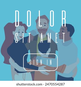 Group hug vector flat poster. Cartoon diverse happy men and woman hugging together. Team of multiracial friends embracing in circle. Empathy and support concept