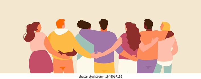 Group of hugging friends rear view. Friendship and support vector illustration