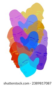 A group of human face masks that overlaps each other full of color, without background
