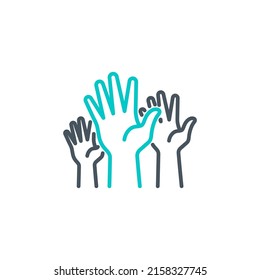 group of human hands raised up vote single line icon isolated on white. Perfect outline symbol voting by show palm. volunteers community unanimously raised up hands design element with editable Stroke