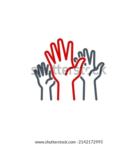 group of human hands raised up vote single line icon isolated on white. Perfect outline symbol voting by show palm. volunteers community unanimously raised up hands design element with editable Stroke