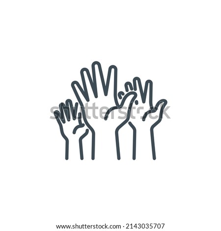 group of human hands raised up vote single line icon isolated on white. Perfect outline symbol voting by show palm. volunteers community unanimously raised up hands design element with editable Stroke