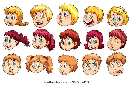Group of human heads with different facial expressions on a white background