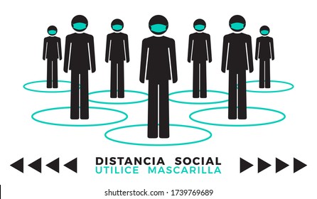 Grupo de íconos humanos con máscara facial. Frase española: El distanciamiento social usa máscara facial. Ilustración vectorial de icono plano