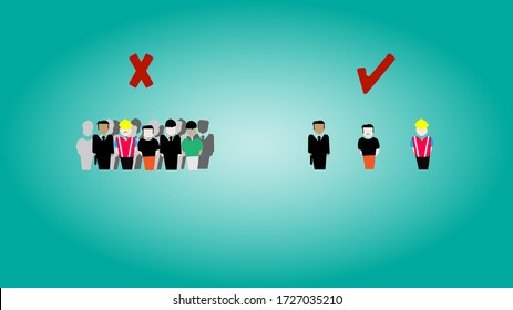 Group of human illustration isolated over green with right and wrong classification,social distancing concept