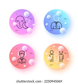 Group, Human and Sleep minimal line icons. 3d spheres or balls buttons. Shipping support icons. For web, application, printing. Business meeting, Person profile, Dream face. Delivery manager. Vector
