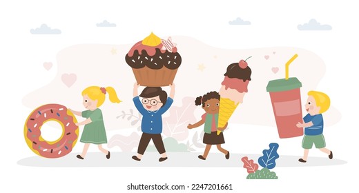 Group of hungry children carrying various sweet food. Multi Ethnic kids characters holds different delicious. Sweet food - ice cream, donut, cupcake, soda. Unhealthy nutrition. vector illustration