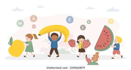 Group of hungry children carrying various fruits for eating. Multiethnic kids characters holds different healthy food. Vegetarian nutrition with large amounts vitamins. Good crop. vector illustration