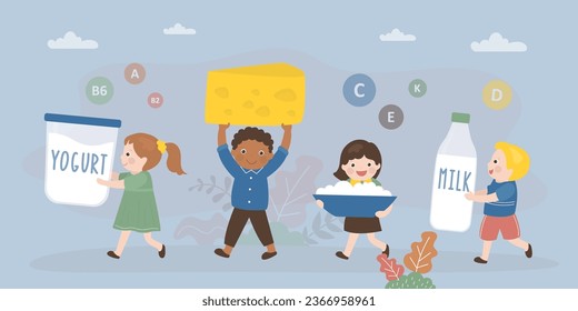 Group of hungry children carrying various dairy food - cheese, milk, yogurt. Multiethnic kid characters holds different milk products. Dairy nutrition with large amounts vitamins. vector illustration