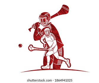 Group of Hurling sport players action. Irish Hurley sport cartoon graphic vector.