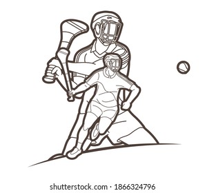 Group of Hurling sport players action. Irish Hurley sport cartoon graphic vector.	