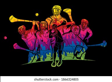 Group of Hurling sport players action. Irish Hurley sport cartoon graphic vector.	