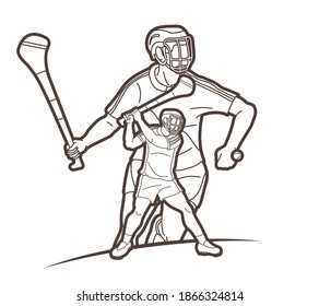 Group of Hurling sport players action. Irish Hurley sport cartoon graphic vector.	