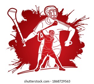 Group of Hurling sport players action. Irish Hurley sport cartoon graphic vector.