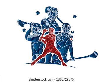 Group of Hurling sport players action. Irish Hurley sport cartoon graphic vector.