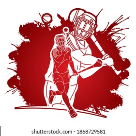 Group of Hurling sport players action. Irish Hurley sport cartoon graphic vector.