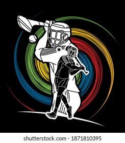 Group of Hurling sport players action. Irish Hurley sport cartoon graphic vector.