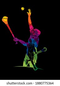 Group of Hurling sport players action. Irish Hurley sport cartoon graphic vector.