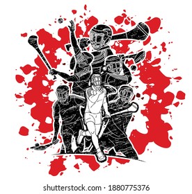 Group of Hurling sport players action. Irish Hurley sport cartoon graphic vector.