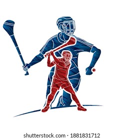 Group of Hurling sport players action. Irish Hurley sport cartoon graphic vector.	