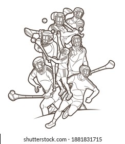 Group of Hurling sport players action. Irish Hurley sport cartoon graphic vector.	
