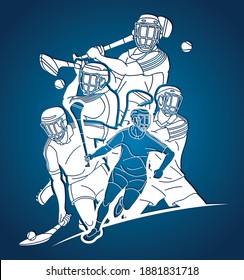 Group of Hurling sport players action. Irish Hurley sport cartoon graphic vector.	