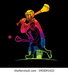 Group of Hurling Sport Players Action. Irish Hurley Sport Cartoon Graphic Vector.