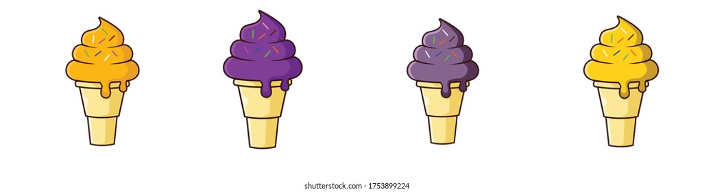 a group of ice cream cone with sprinkle. Orange,  grape ,blueberry,  and pineapple 
