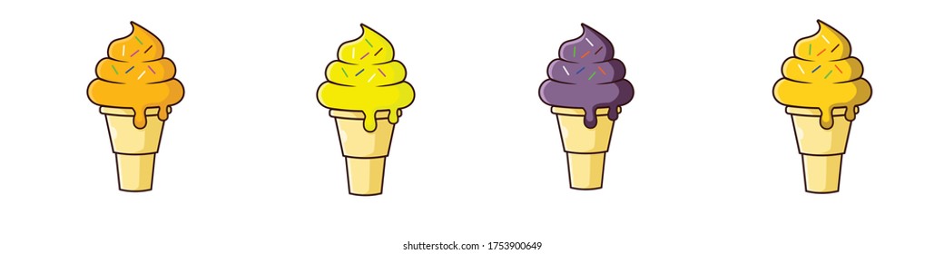a group of ice cream cone with sprinkle. Orange, banana , blueberry , and pineapple