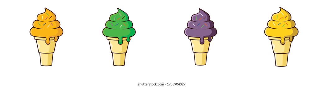 a group of ice cream cone with sprinkle. orange, melon,blueberry , and pineapple