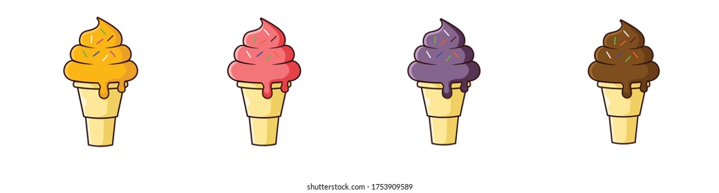 a group of ice cream cone with sprinkle. Orange, guava, blueberry , and chocolate