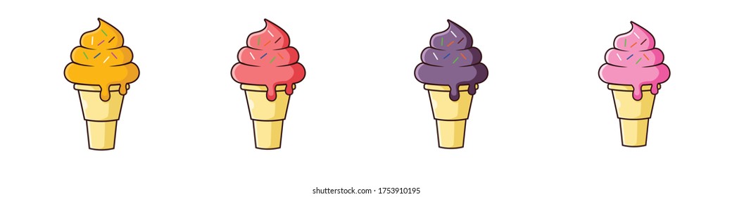 a group of ice cream cone with sprinkle. orange, guava, blueberry , and strawberry